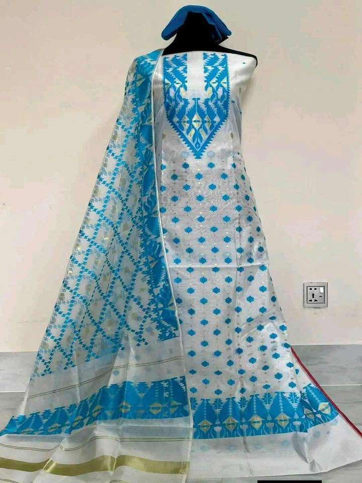 মেশিনে বোনা সফট হাফসিল্ক প্রিমিয়াম চিকন সুতার বুনন এক্সক্লুসিভ জামদানী থ্রি পিস